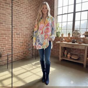 VTG 90s Lauren Ralph Lauren Artsy Abstract BOHO Flowy Colorful Tunic Top Large